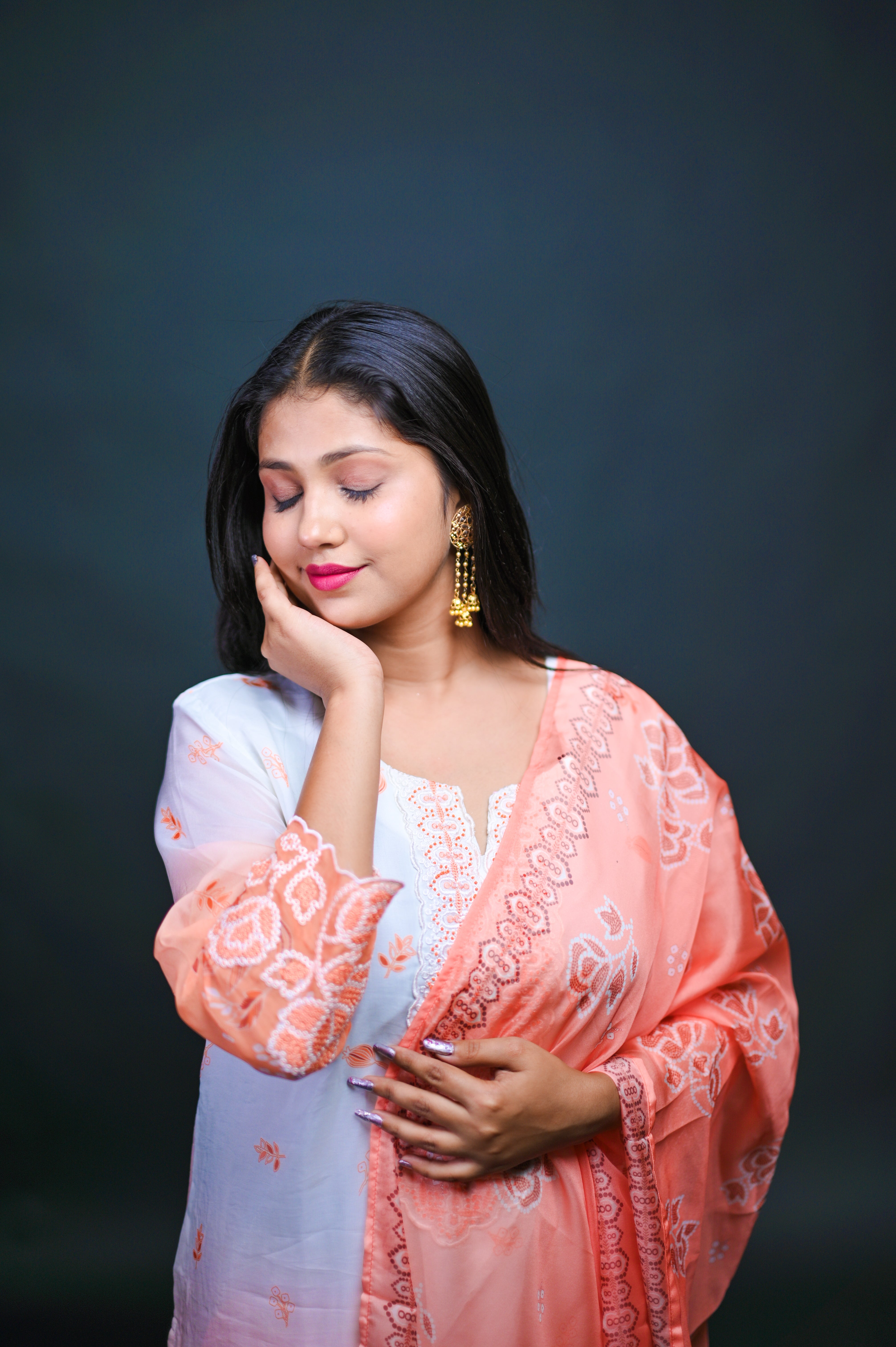Peach & White Georgette Embroidered Suit Set