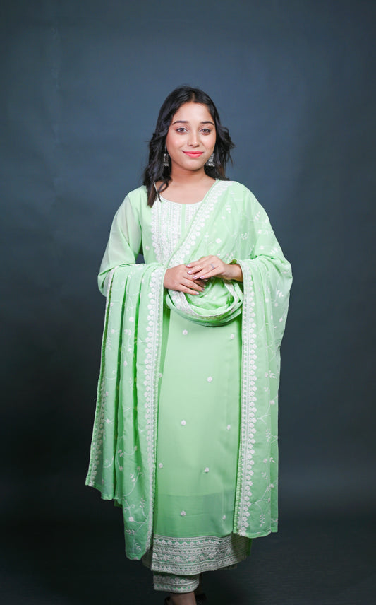 Pastel Green Kurta Set with Palazzo and Embroidered Dupatta