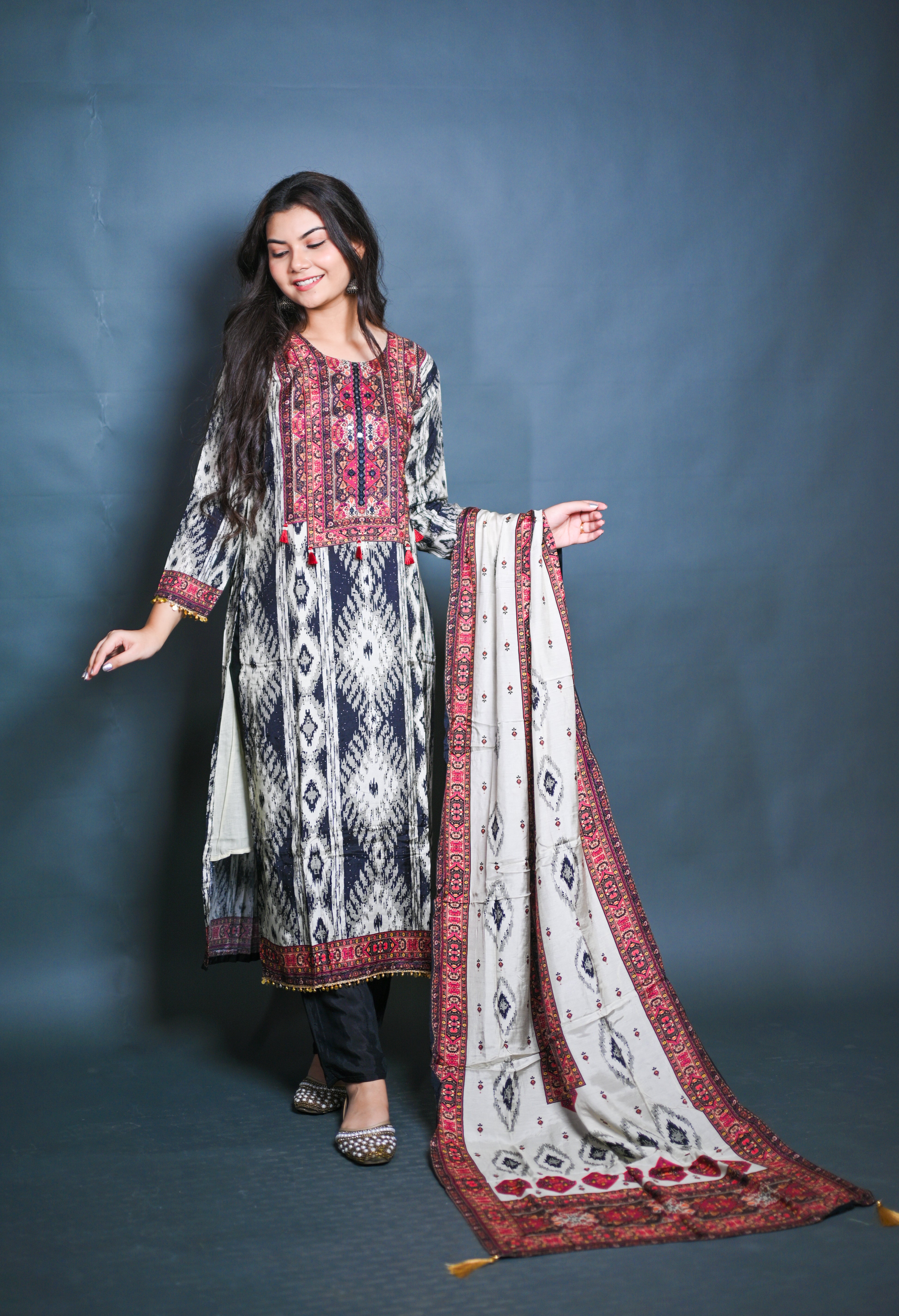 Black & Ivory Ikat Printed Suit Set with Embroidered Yoke