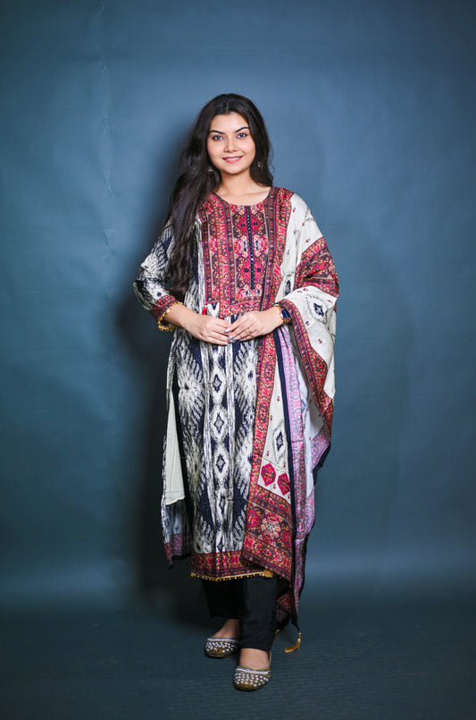 Black & Ivory Ikat Printed Suit Set with Embroidered Yoke