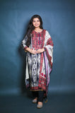 Black & Ivory Ikat Printed Suit Set with Embroidered Yoke