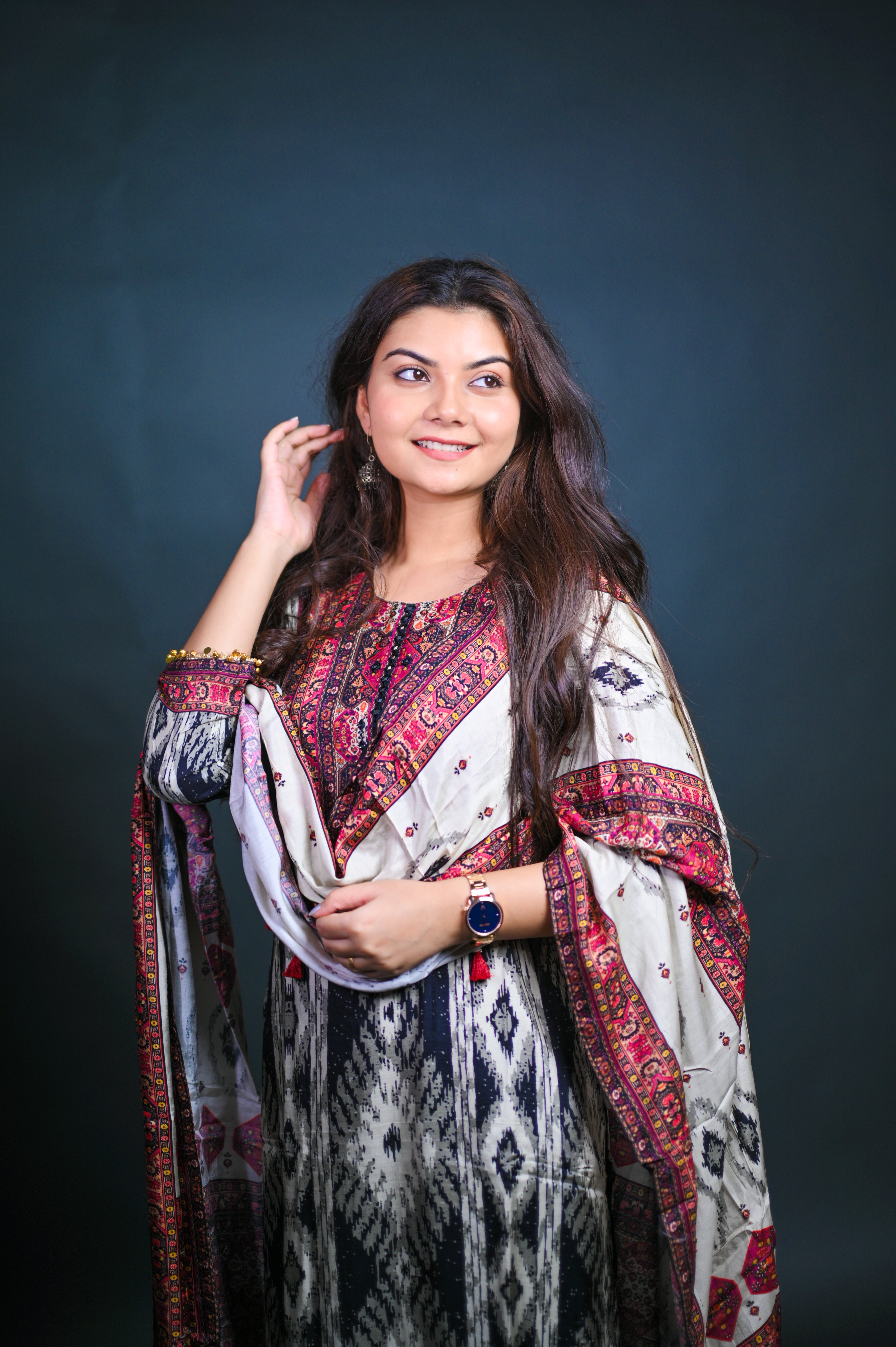 Black & Ivory Ikat Printed Suit Set with Embroidered Yoke