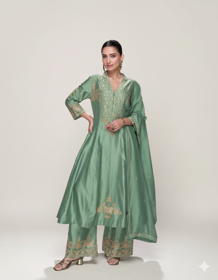 Elegant Premium Silk Embroidered Ensemble Suit Set