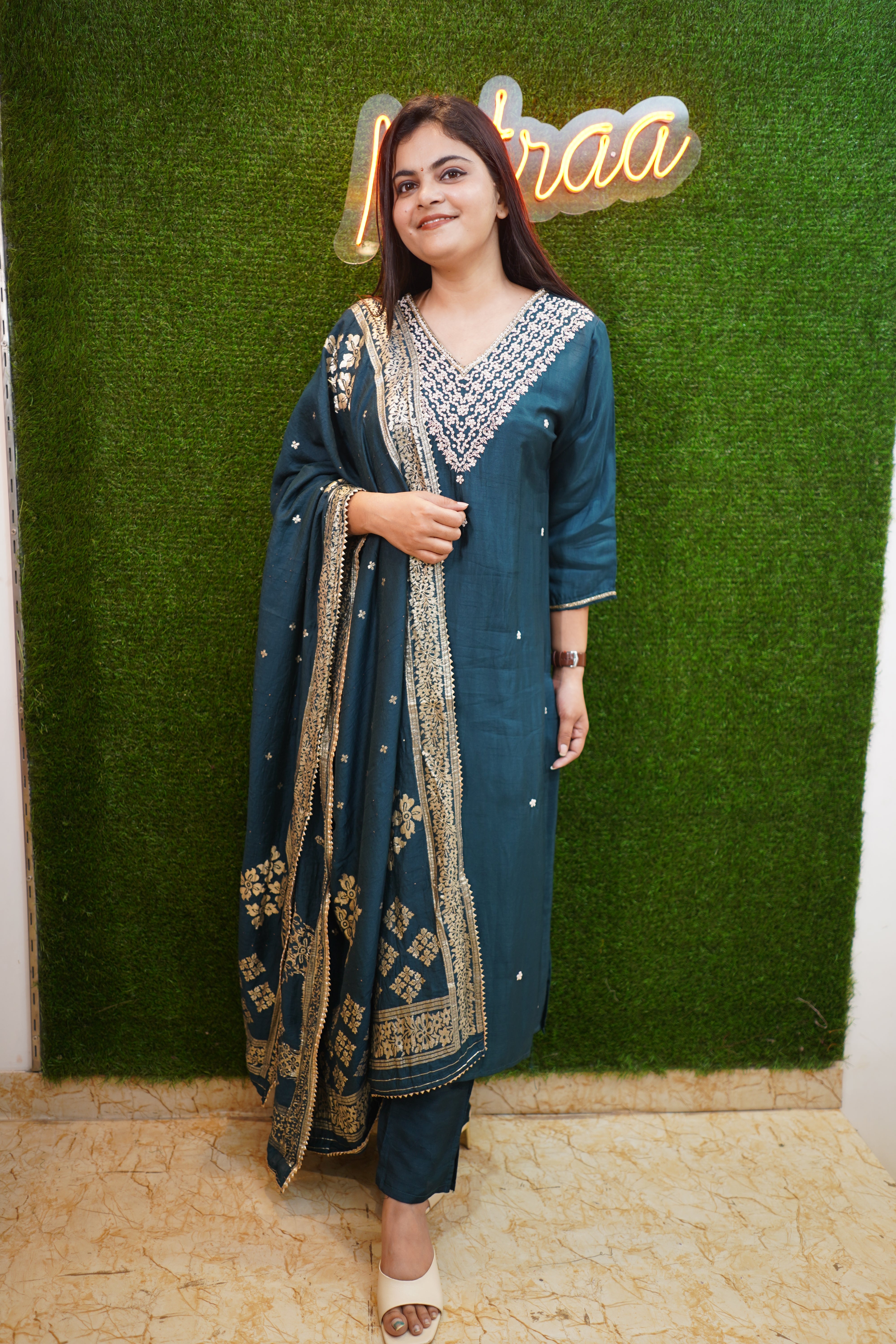 Teal Green Silk Handwork Suit Set