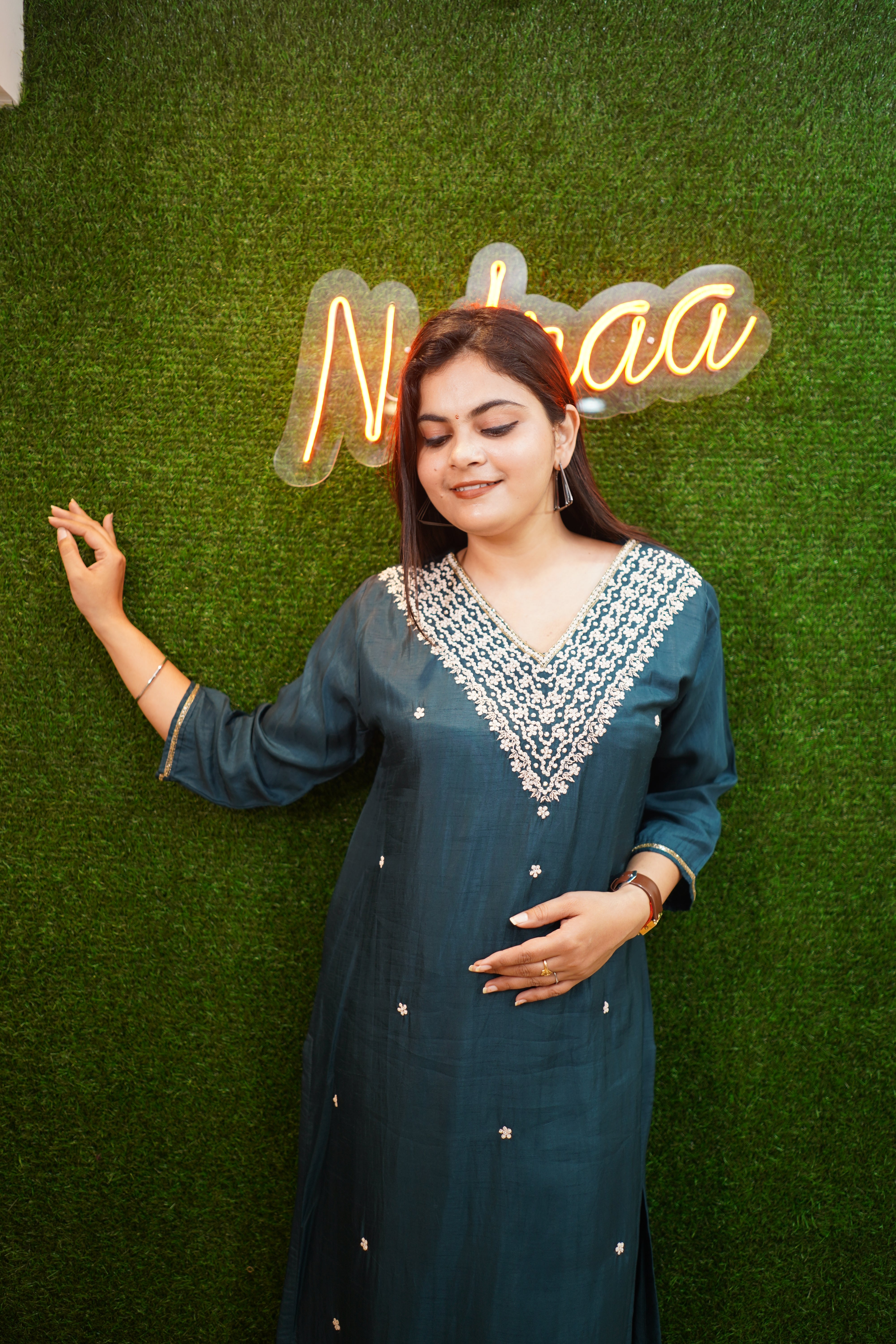 Teal Green Silk Handwork Suit Set
