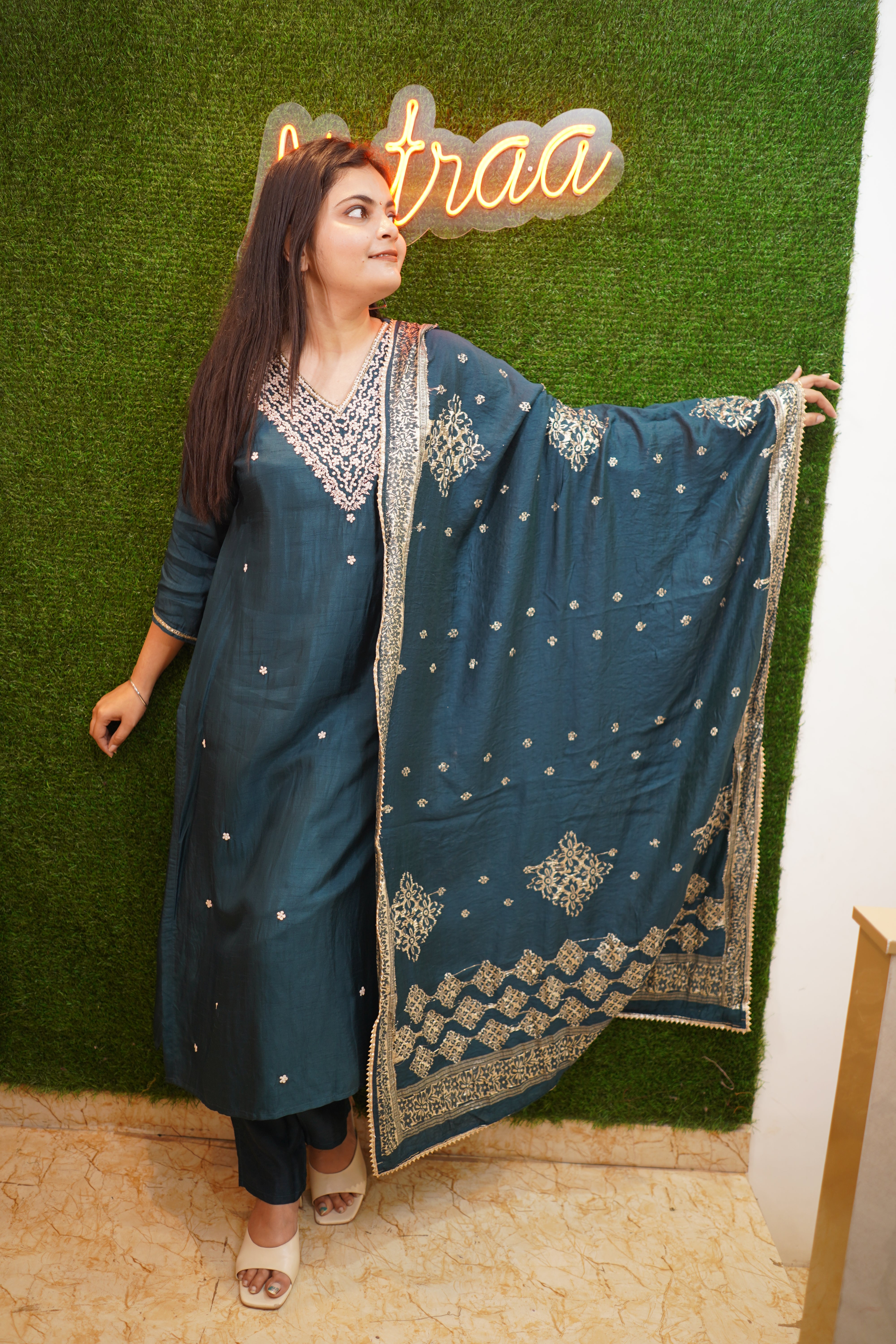 Teal Green Silk Handwork Suit Set