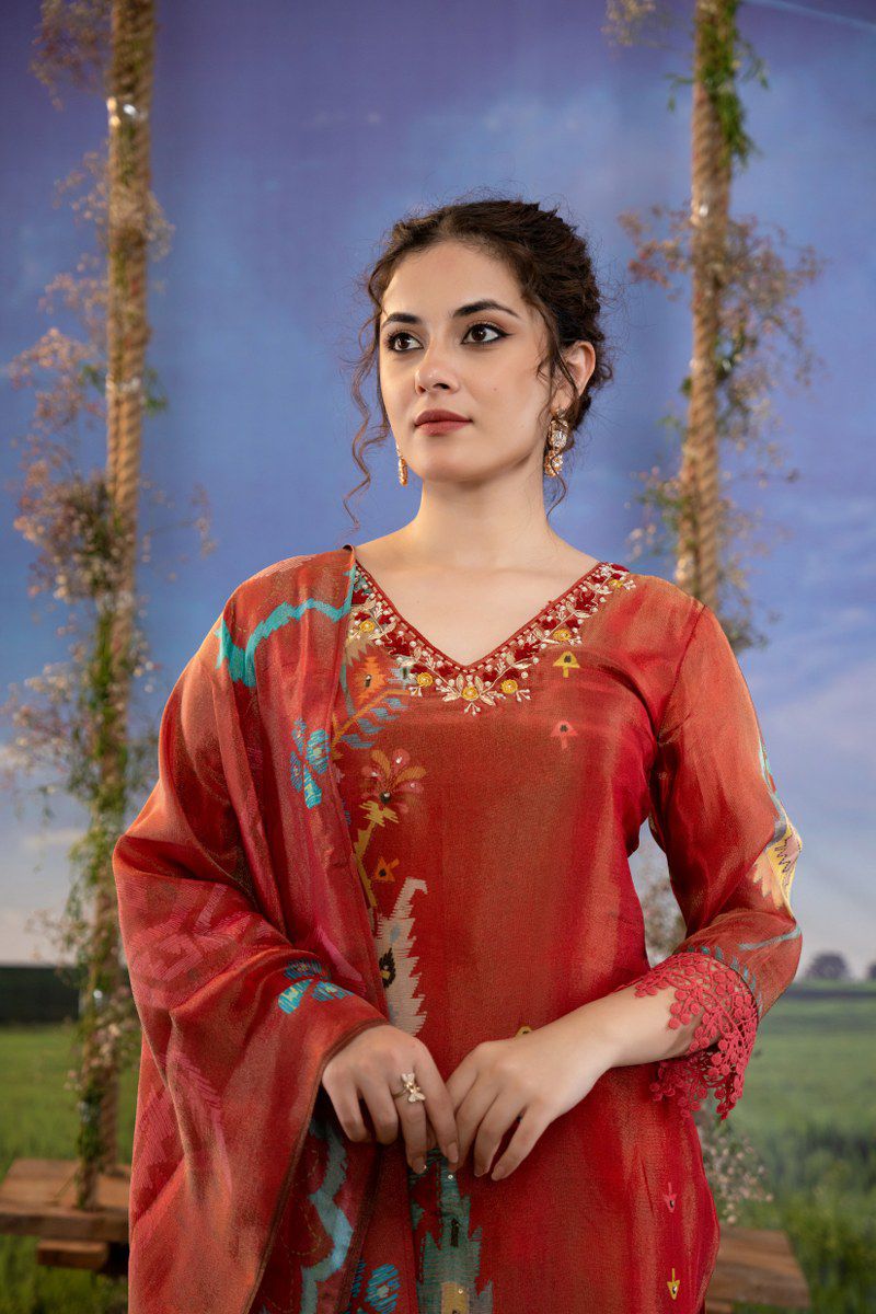 Red Shimmer Silk Organza Dupatta Suit Set