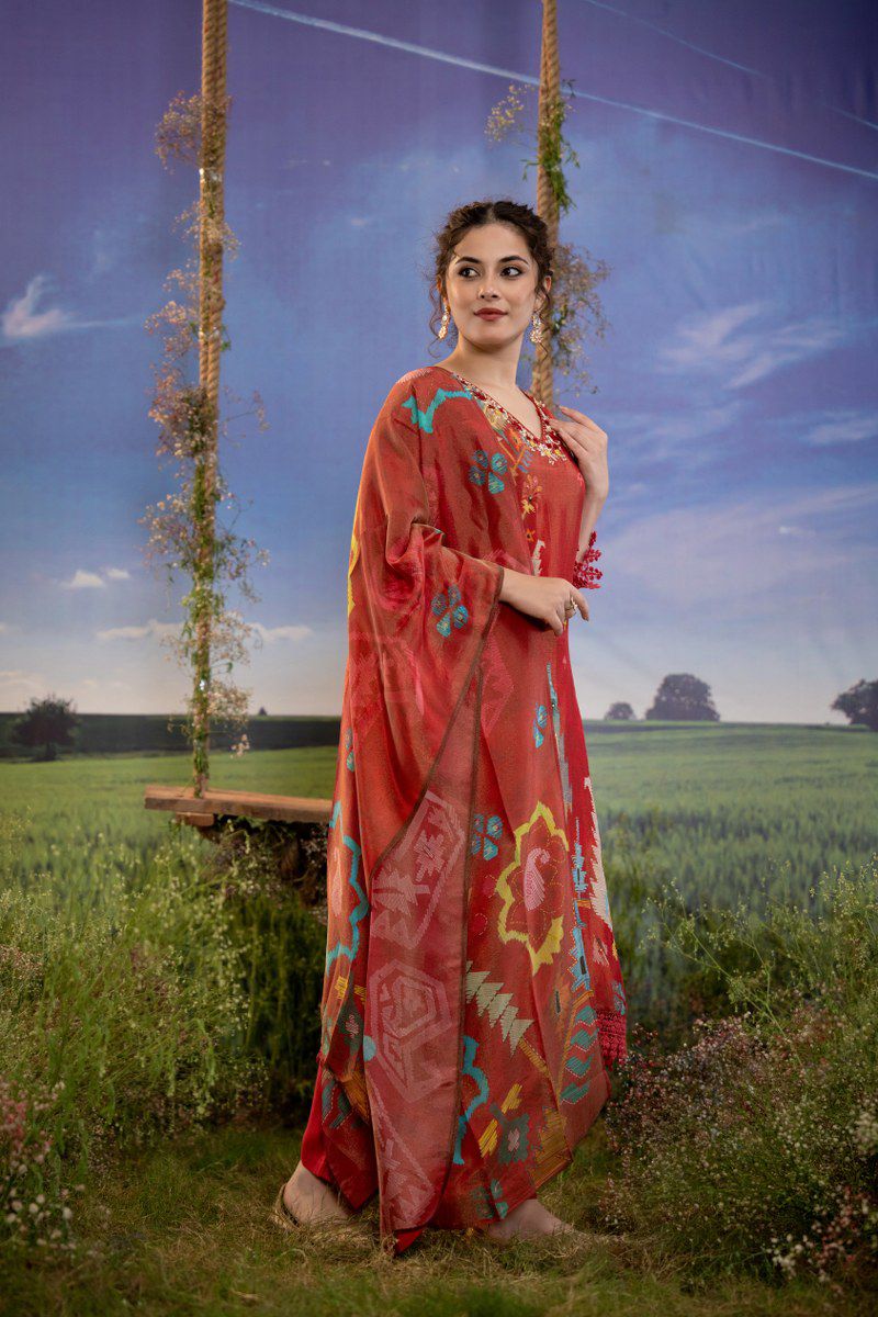 Red Shimmer Silk Organza Dupatta Suit Set