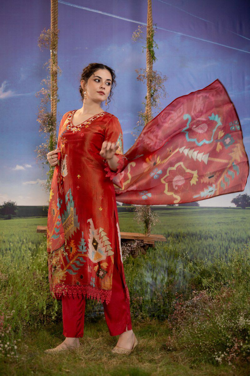 Red Shimmer Silk Organza Dupatta Suit Set