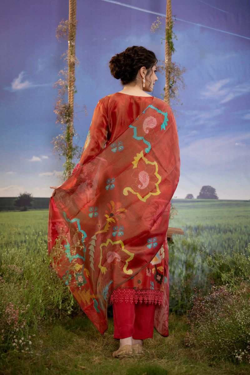 Red Shimmer Silk Organza Dupatta Suit Set