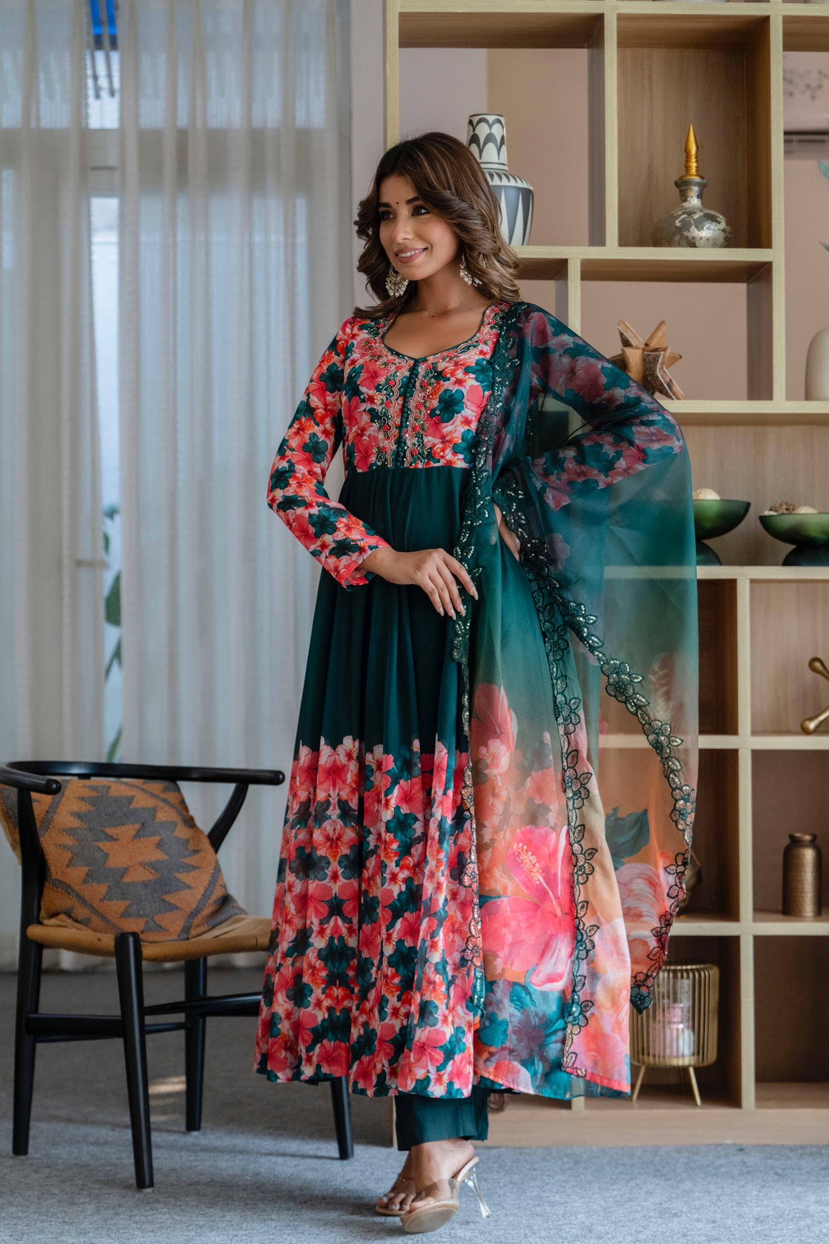 Floral Green Organza Anarkali Suit