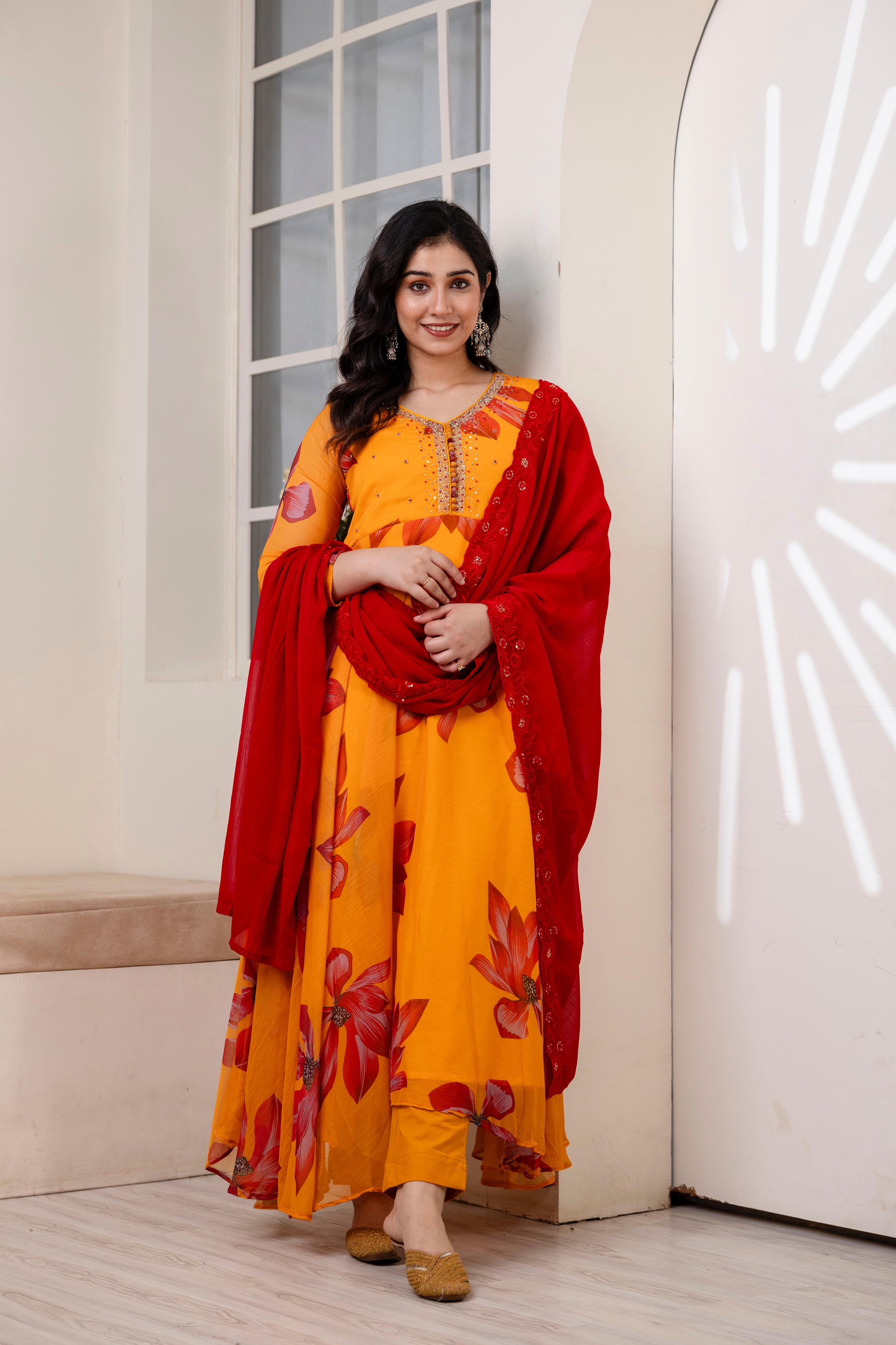 Printed Yellow & Red Anarkali Suit Set