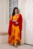 Printed Yellow & Red Anarkali Suit Set