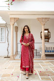 Red Muslin Suit with Beads Zari & Coding Work