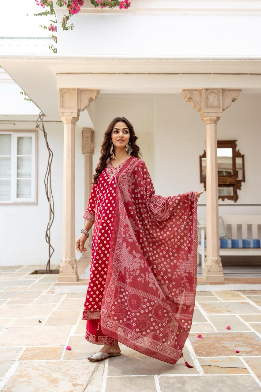 Red Muslin Suit with Beads Zari & Coding Work
