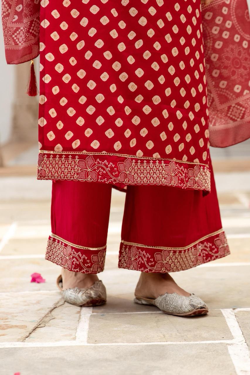 Red Muslin Suit with Beads Zari & Coding Work