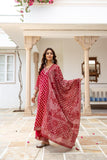 Red Muslin Suit with Beads Zari & Coding Work