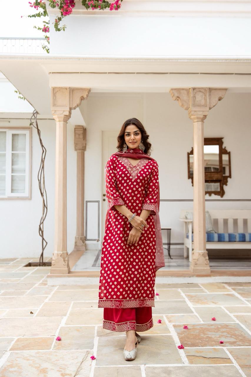 Red Muslin Suit with Beads Zari & Coding Work