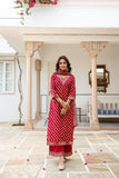 Red Muslin Suit with Beads Zari & Coding Work