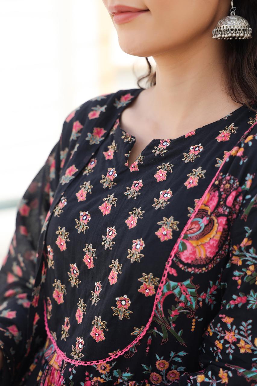 Netraa Black Printed Cotton Suit Set