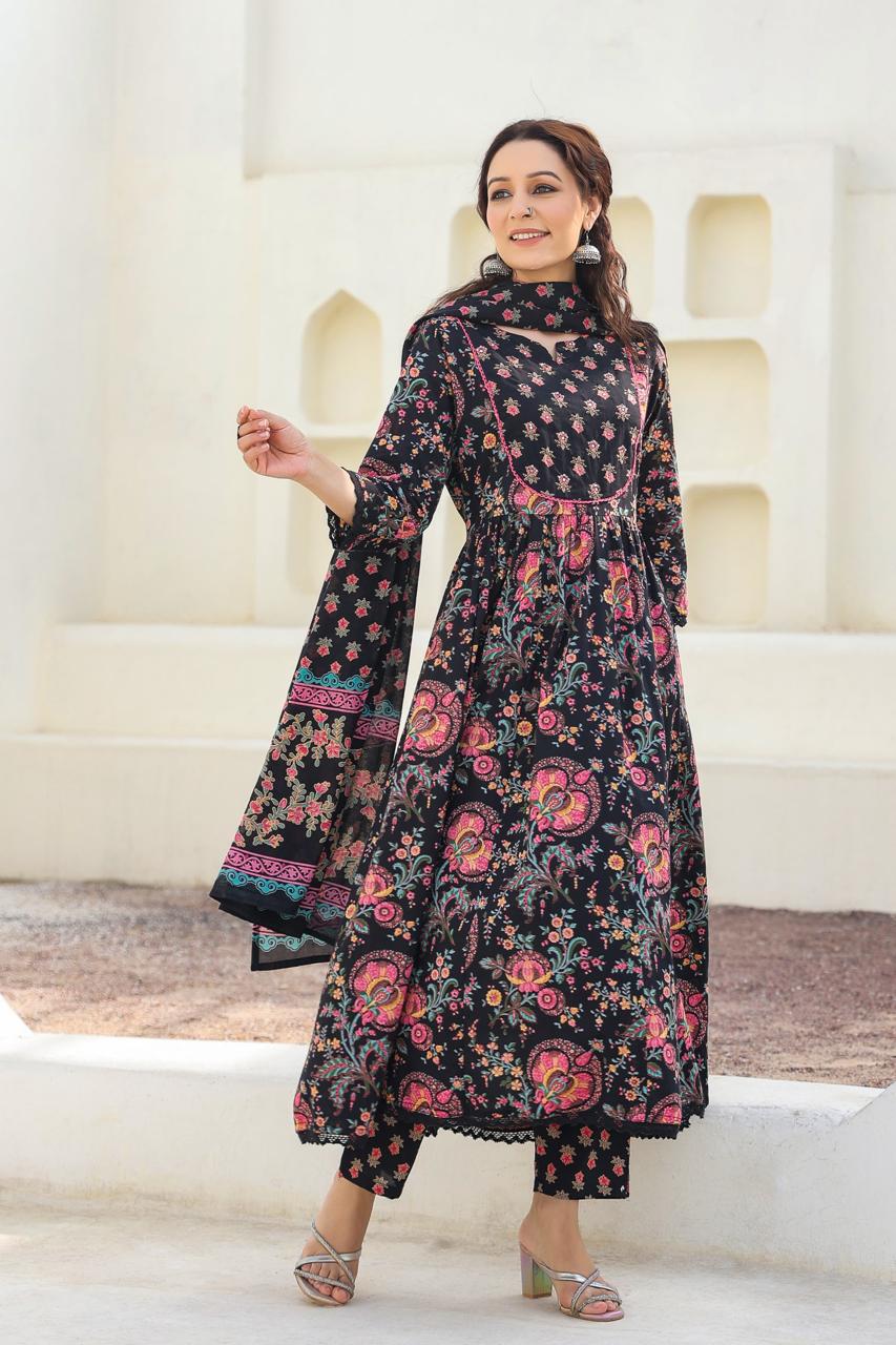 Netraa Black Printed Cotton Suit Set