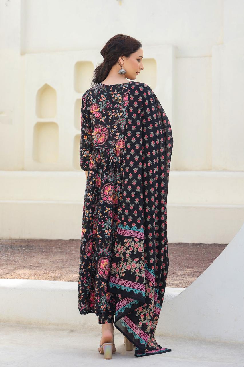 Netraa Black Printed Cotton Suit Set