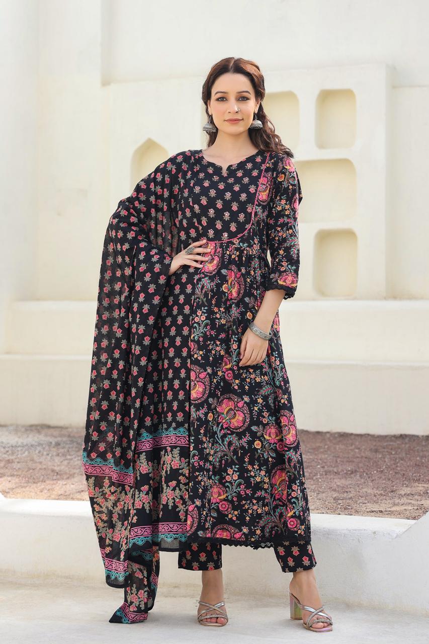 Netraa Black Printed Cotton Suit Set